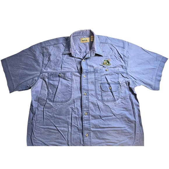 Vintage Mens' RedHead XL Bass Fish Cotton Short Sleeve Button Denim Khaki Blue - Picture 1 of 7